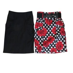 Kate Kasin Womens Pencil Skirt Lot of 2 Floral Polka Dot Black Ruched Size M New